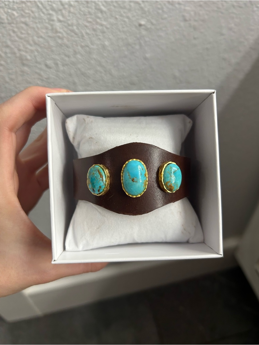 Christina Greene Turquoise Leather Cuff Bracelet- Arizona Kingman turquoise